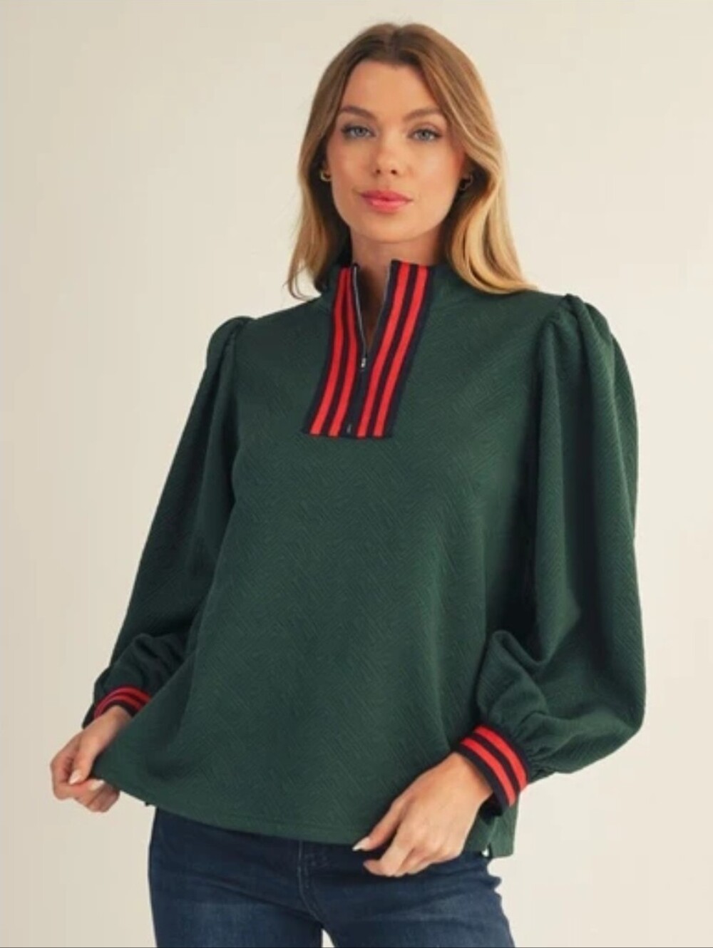 Dark Green Zip-Up Textured Pullover with Red Contrast Trim